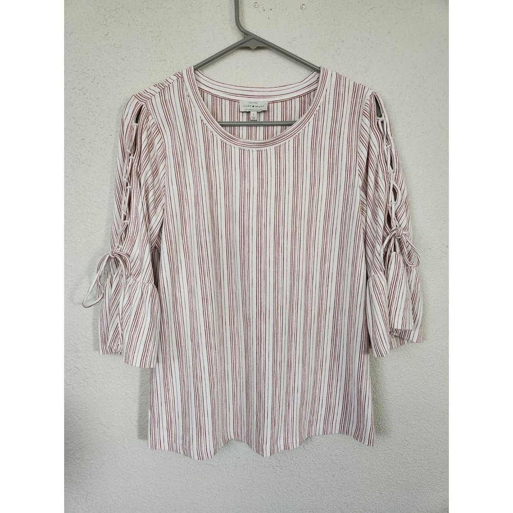Lucky Brand Red White Pin Striped Blouse 3/4 Tie Sleeve Womens Small